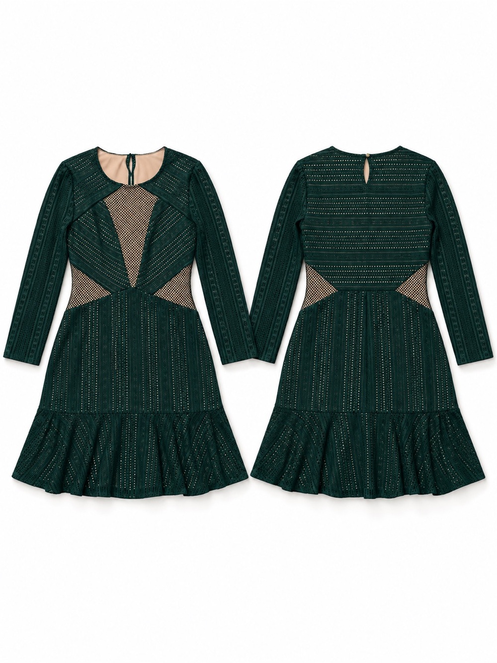 BCBGMaxAzria Green Long-Sleeve Mesh Inset Fit & Flare Dress